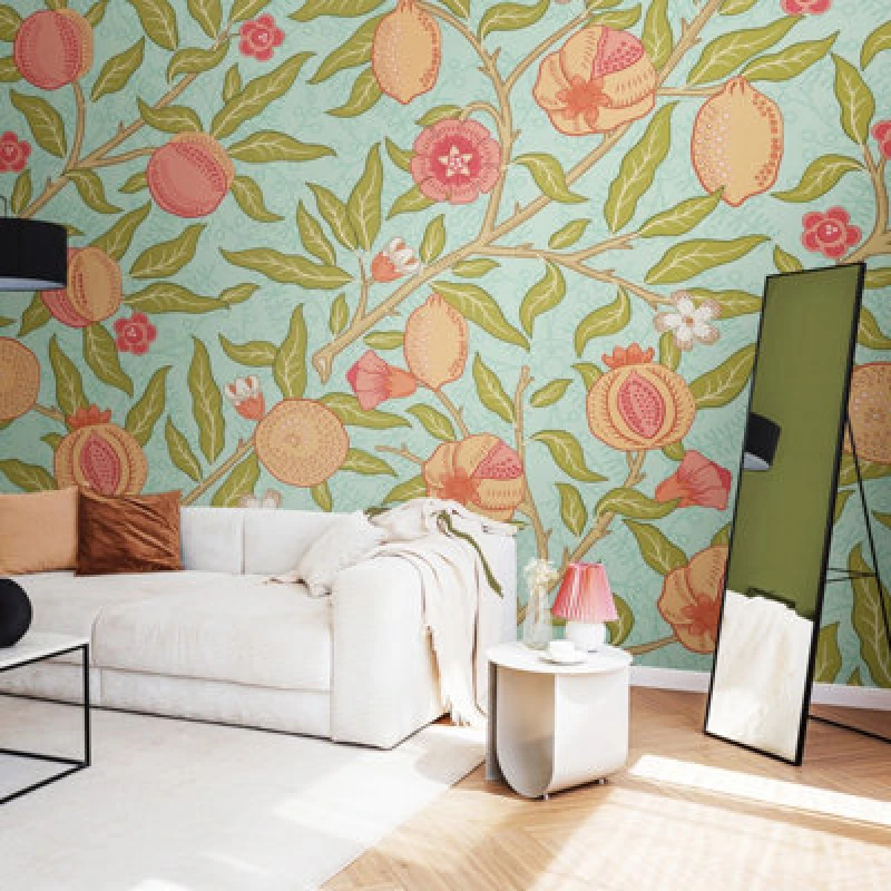Image of Origin Murals Fruit And Foliage - Aqua And Apricot Matt Smooth Paste The Wall Mural 300Cm Wide X 240Cm High
