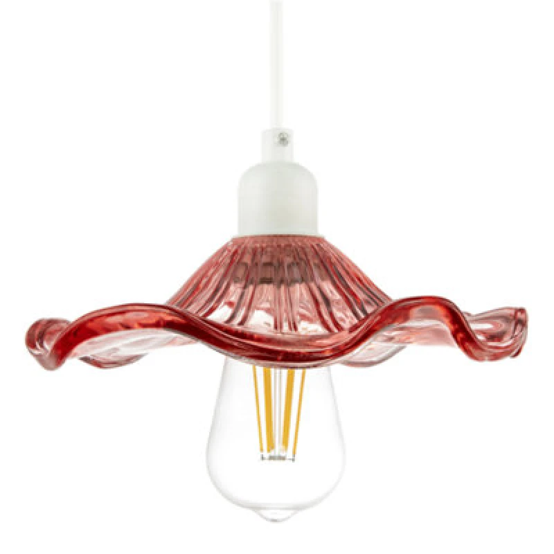 Image of Happy Homewares Designer Ribbed Rose Pink Glass Pendant Shade With Wavy Ruffled Edge