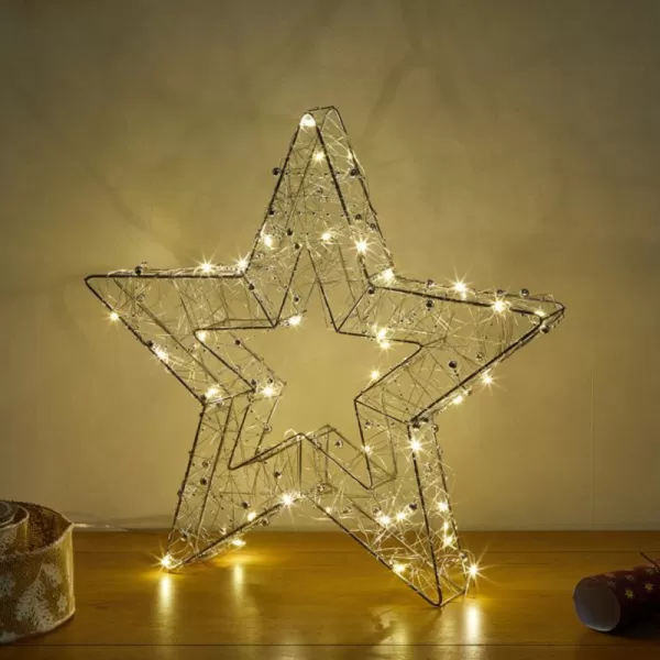Image of 40cm Battery Operated Silver Woven Mesh Christmas Star Decoration with Warm White LEDs