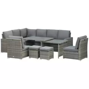 Image of Outsunny 7 Piece Rattan Garden Furniture Set, 10-Seater Sofa Sectional with Cushioned Sofa Seat, Footstools and Expandable Glass Table for Yard Grey