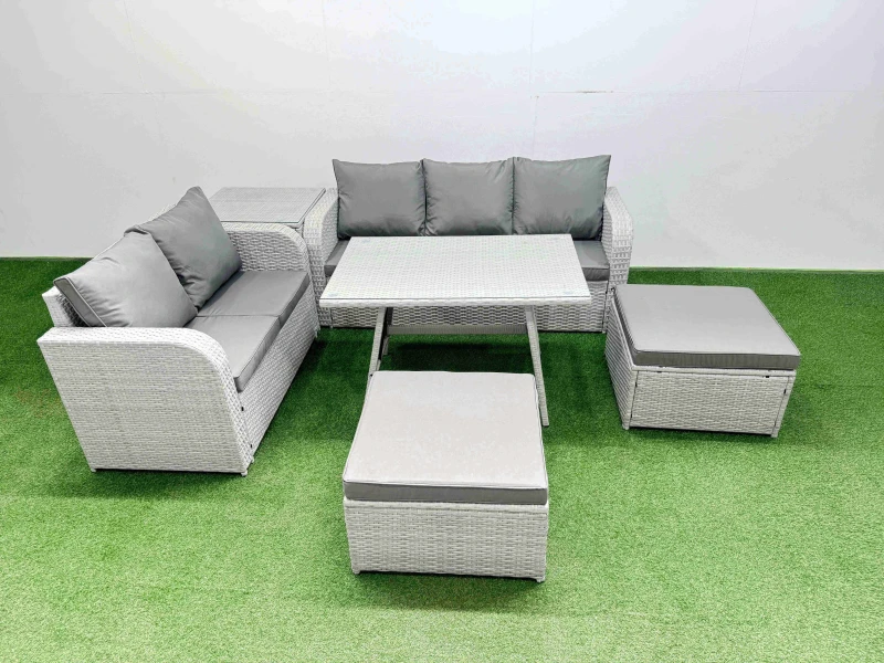 Image of Fimous Rectangular Dining Table Sofa Set with 2 Big Stool Side Table in Light Grey Light Grey Unisex