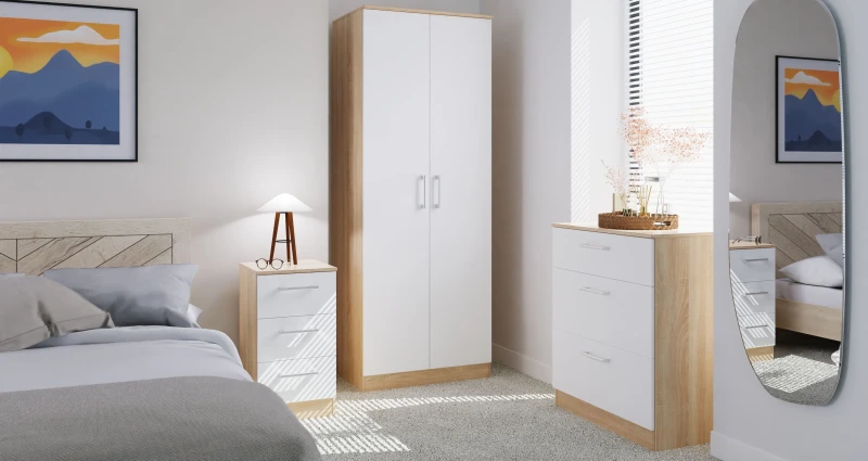 Image of Swift Devon 3 Piece Bedroom Set (Wardrobe, Chest & Bedside) in White Matt & Bardolino Oak - Ready Assembled White