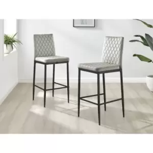 Image of Set of 2 Furniturebox Milan Bar Stools In Cappuccino Beige Velvet With Black Metal Legs Contemporary Hatched Diamond Pattern Stitching Dining Living