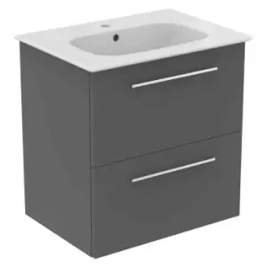 Image of Ideal Standard I.life A 60Cm Matt Quartz Grey Wall Hung Vanity Unit, 64Cm White Vanity Basin And Chrome Handle Pack