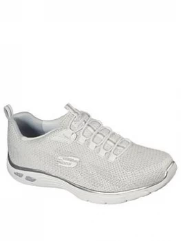 Image of Skechers Empire D'lux Metallic Knit Bungee Slip-On Trainer - White/Silver, White/Silver, Size 7, Women