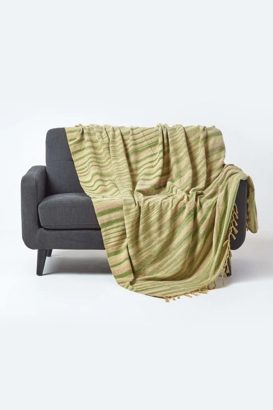 Image of Homescapes Bed Sofa Throw Cotton Chenille Tie Dye Green, 220 X 240 Cm