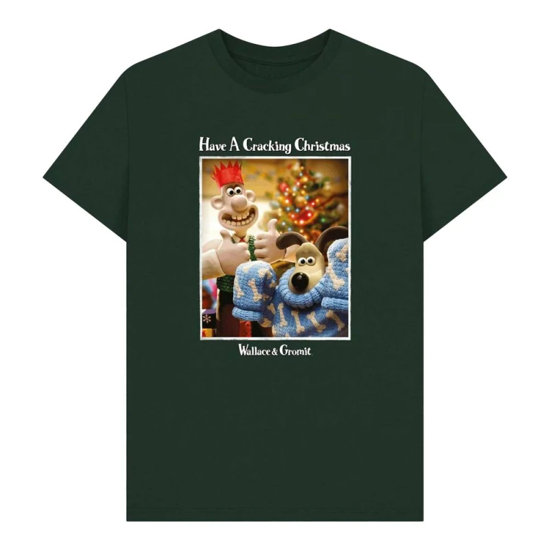 Image of Wallace & Gromit Mens Have A Cracking Christmas Graphic T-Shirt in Bottle Green Size: Small Bottle Green Male S