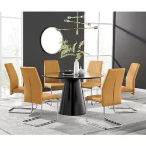 Image of Furniturebox Palma Black Semi Gloss 120cm Round Minimalist Dining Table & 6 Mustard Lorenzo Chairs