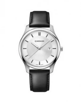 Image of Wenger Swiss Made City Classic Silver Sunray 43Mm Date Dial Black Leather Strap Mens Watch