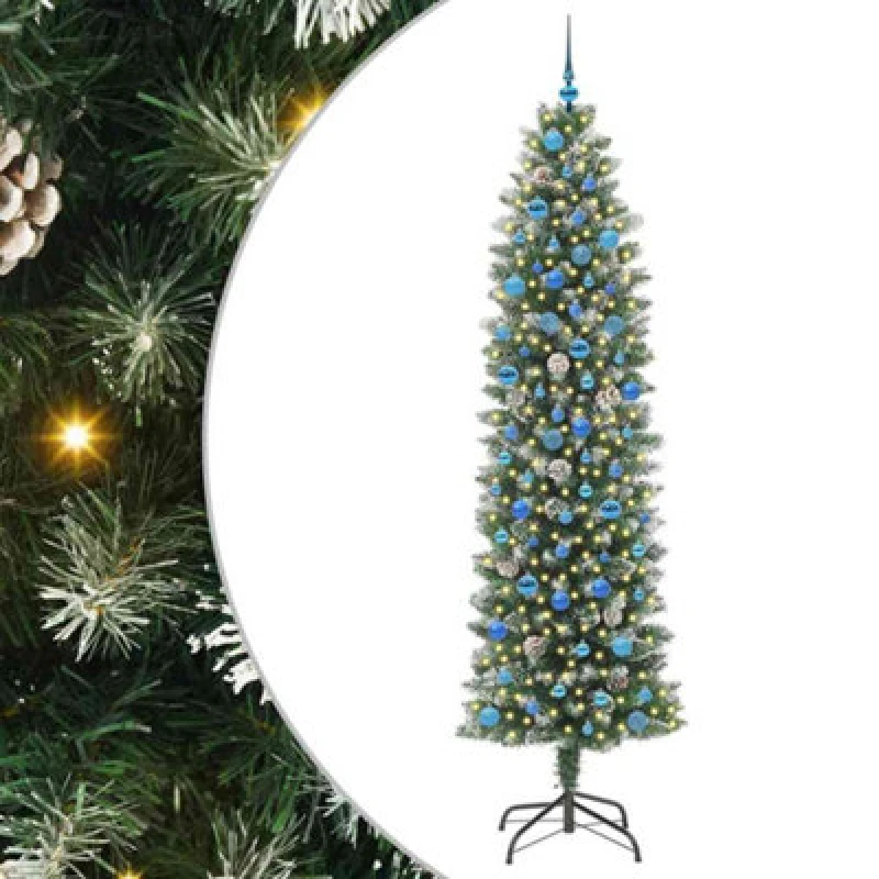 Image of vidaXL Artificial Slim Christmas Tree with Blue Balls Green and white 240 cm, Green 3395324