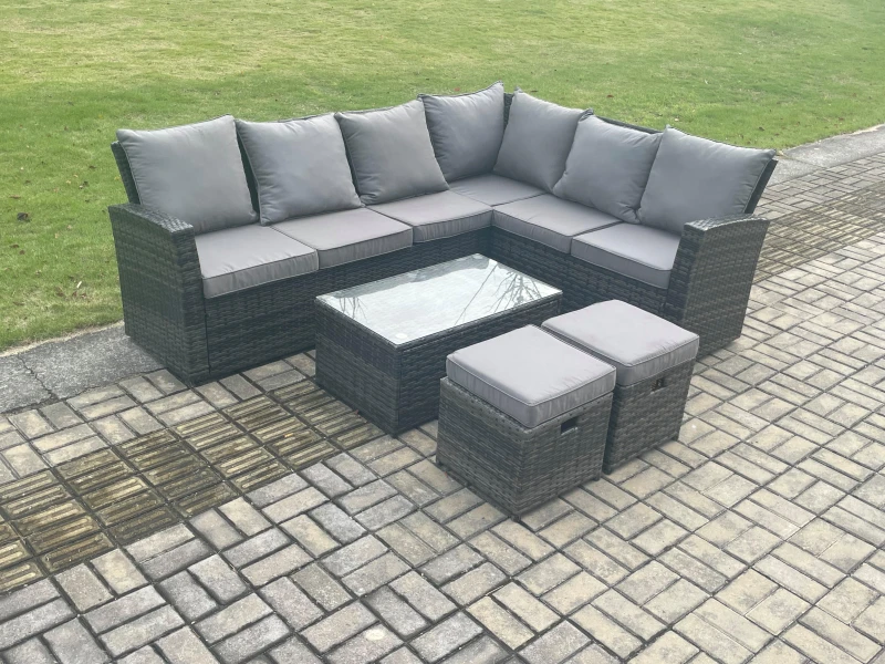 Image of Fimous Wicker PE Outdoor Garden Furniture Set High Back Rattan Corner Sofa Set with Rectangular Coffee Table 2 Small Footstools in Dark Grey Dark Grey