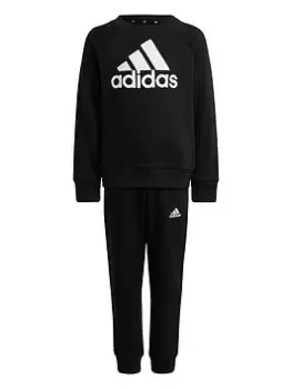 Image of adidas Younger Kids Essentials Badge Of Sport Crew & Jogger Set - Black/White, Size 5-6 Years, Women