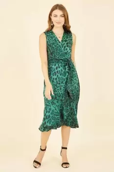 Image of Green Animal Print Satin Wrap Midi Dress
