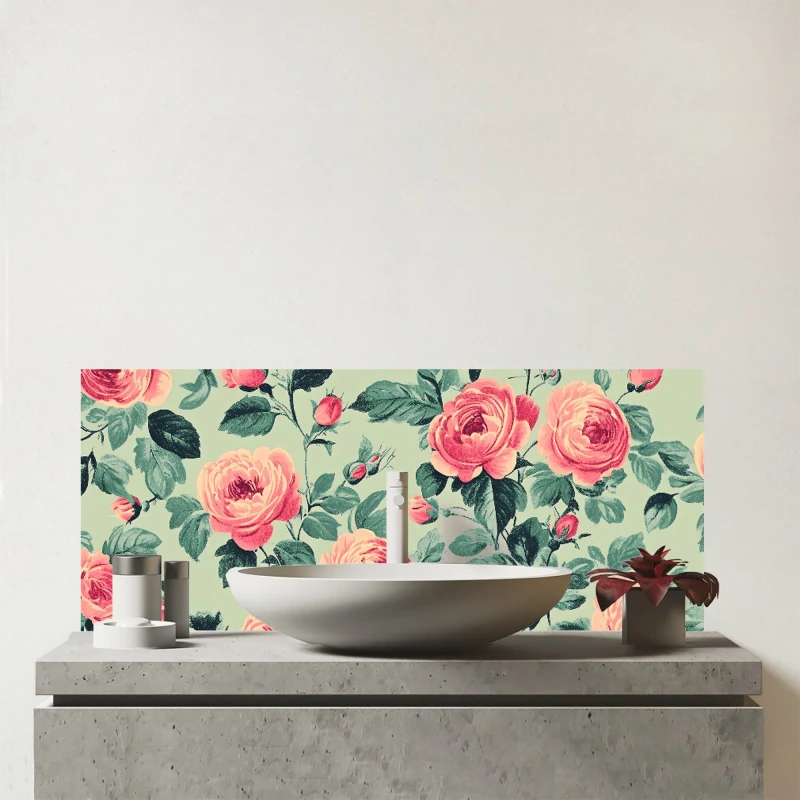 Image of Warren Reed - Designer Sage Green & Pink Roses Glass Bathroom Splashback Multicolor Unisex