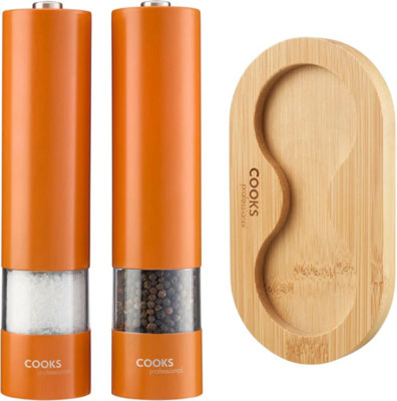 Image of Cooks Professional Electric Salt And Pepper Mill Set With Bamboo Stand - Automatic Seasoning Condiment Grinders - Orange