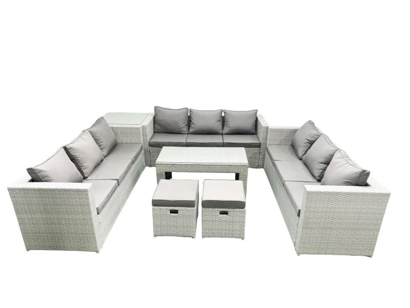 Image of Fimous Rattan Garden Outdoor Furniture Set 11 Seater Garden Sofa Oblong Coffee Table Set with 2 Small Footstool Side Table Light Grey Mixed Light Grey