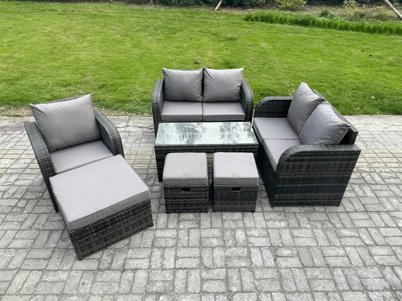 Image of Fimous Rattan Outdoor Garden Furniture Sofa Set Patio Table & Chairs Set with 3 Footstools Dark Grey Mixed Dark Grey