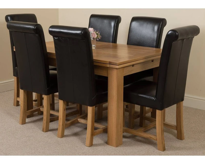 Image of Thats Furniture Richmond 140-220cm Oak Extending Dining Table + 6 Washington Leather Chairs in Black Unisex