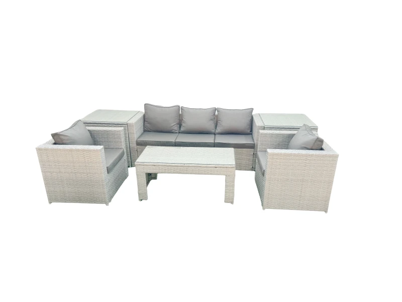 Image of Fimous Rattan Garden Furniture Set 6 Pieces Outdoor Garden Sofa Oblong Coffee Table Set with 2 Chairs 2 Side Tabes Light Grey Mixed Light Grey