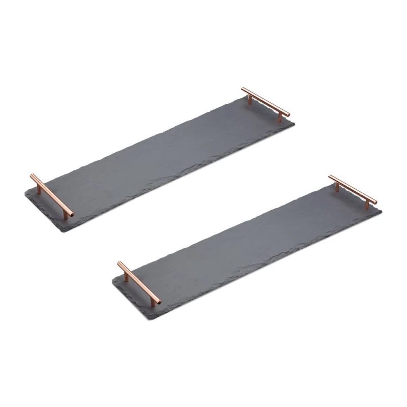 Image of Artesa Set of 2 Appetiser Slate Serving Platter with Copper Handles in Grey Grey Unisex