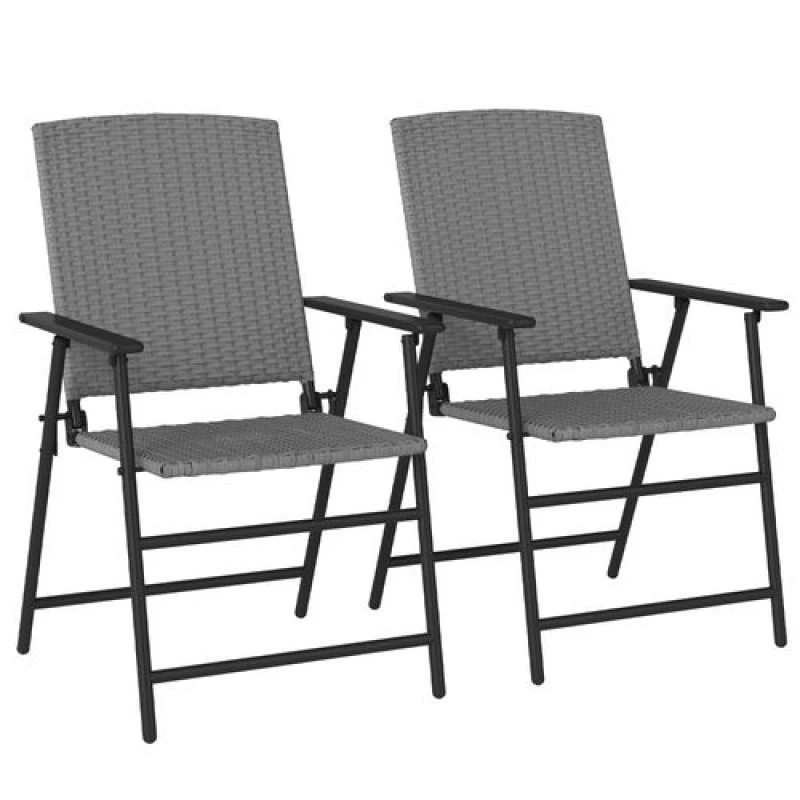 Image of Outsunny 2pcs Rattan Chair Foldable Garden Furniture w/ Armrest Grey Grey
