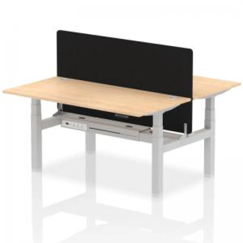 Image of Air Back - to - Back 1600 x 800mm Height Adjustable 2 Person Bench Office Desk Maple Top - Cable Ports Silver Frame - Black Straight Screen