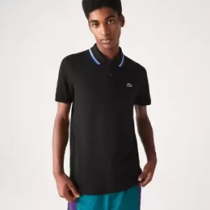 Image of Mens Lacoste Regular Fit Striped Collar Cotton Petit Pique Polo Size 4 - M Black