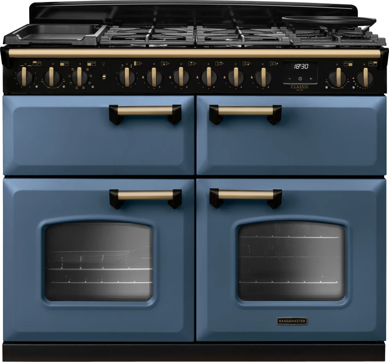 Image of Rangemaster Classic Deluxe 110 CLDLB110DFPSTB/AB1 110cm wide Dual Fuel Range Cooker with Gas Hob - Stone Blue / Antique Brass - A/A/A Rated