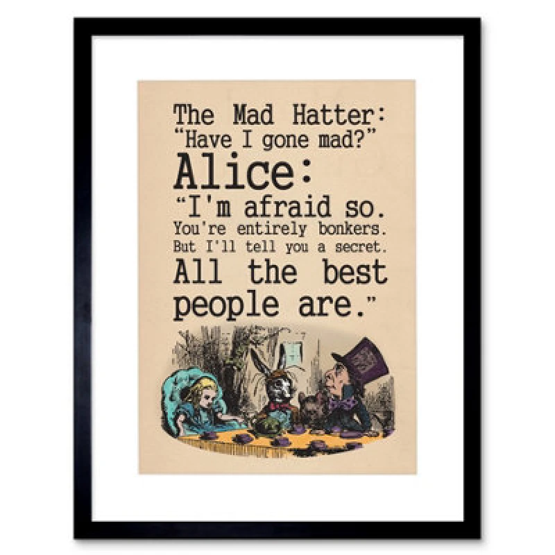 Image of Artery8 Wall Art Print Quote Carroll Book Alice Wonderland Mad Hatter Tea Party Artwork Framed 9X7 Inch