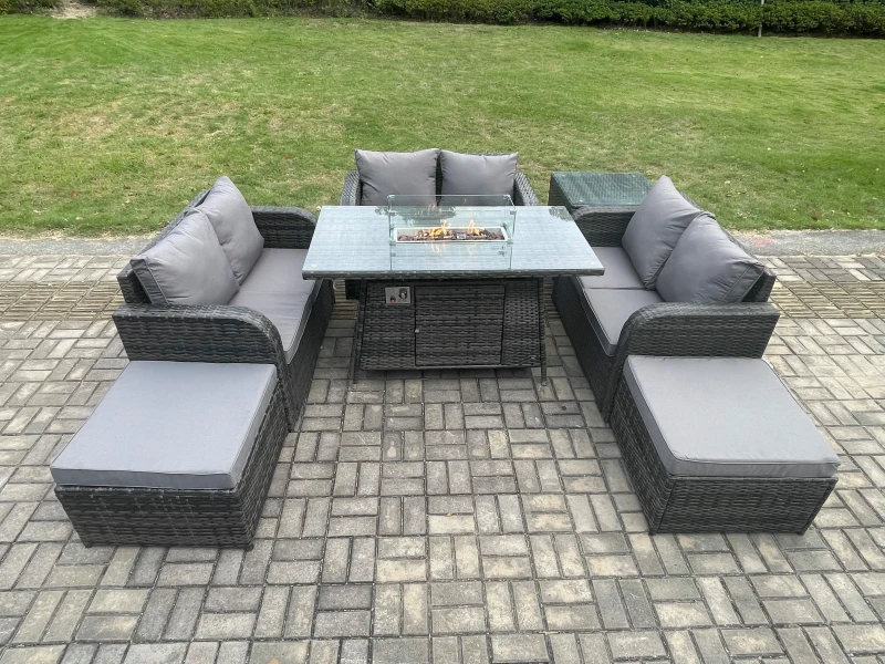 Image of Fimous Rattan Outdoor Garden Furniture Sofa Set Gas Fire Pit Dining Table Gas Heater with Side Table Love Sofa 2 Big Footstool Dark Grey