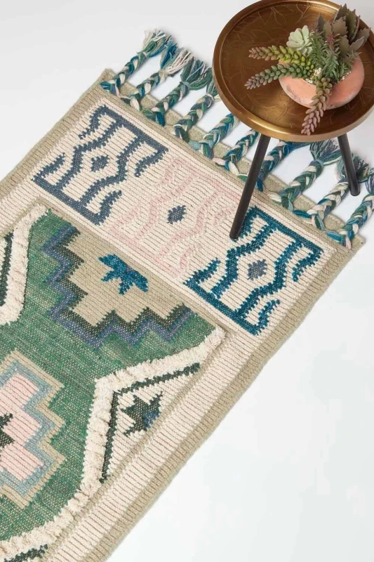Image of Homescapes Matala Green & Blue Kilim Runner Wool Rug 66 x 200cm Size: 66cm x 200cm Green Unisex 66cm x 200 cm