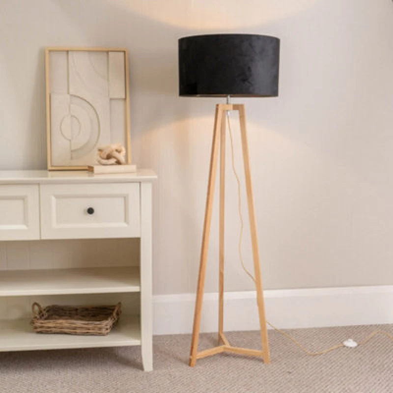 Image of ValueLights Lottie Natural Wood Tripod Floor Lamp with Velvet Drum Shade Black
