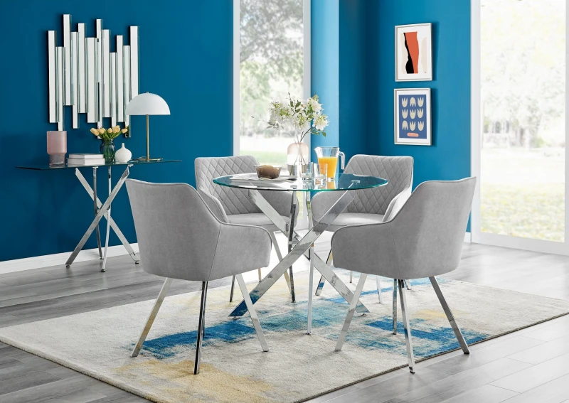 Image of FurnitureboxUK FurnitureboxUK Novara Round Glass Dining Table & 4 Falun Silver Leg Chairs in Light Grey Light Grey One Size Unisex 5056657178581