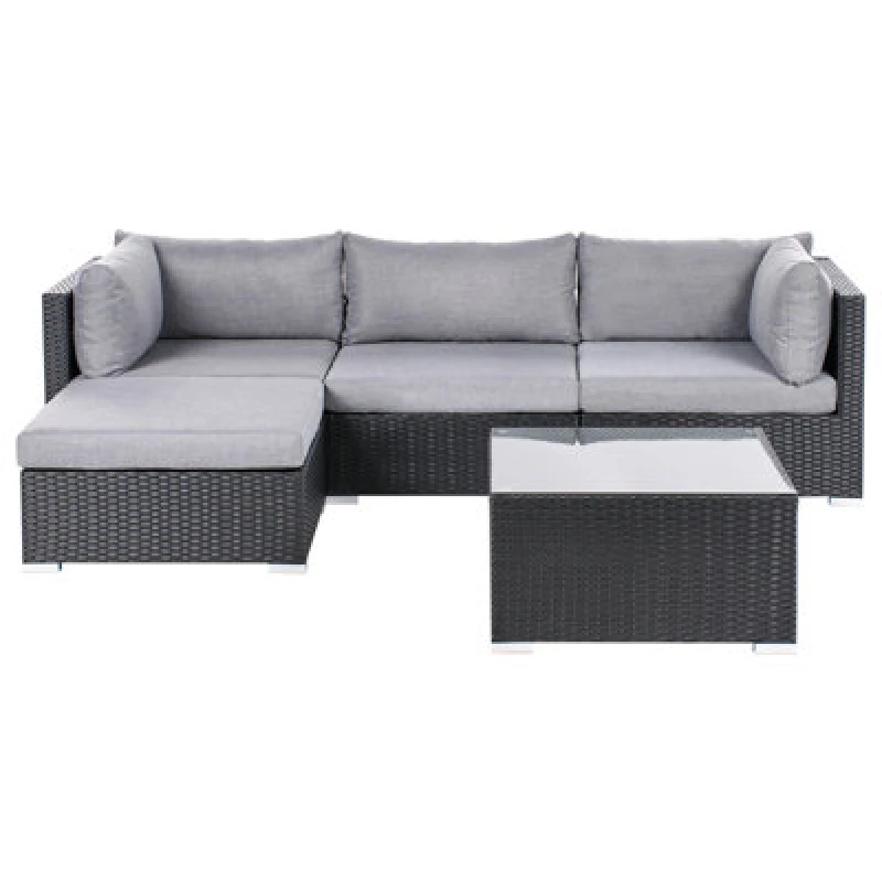 Image of Beliani Garden Corner Sofa With Table 4 Seater Sano Right Hand Pe Rattan Black