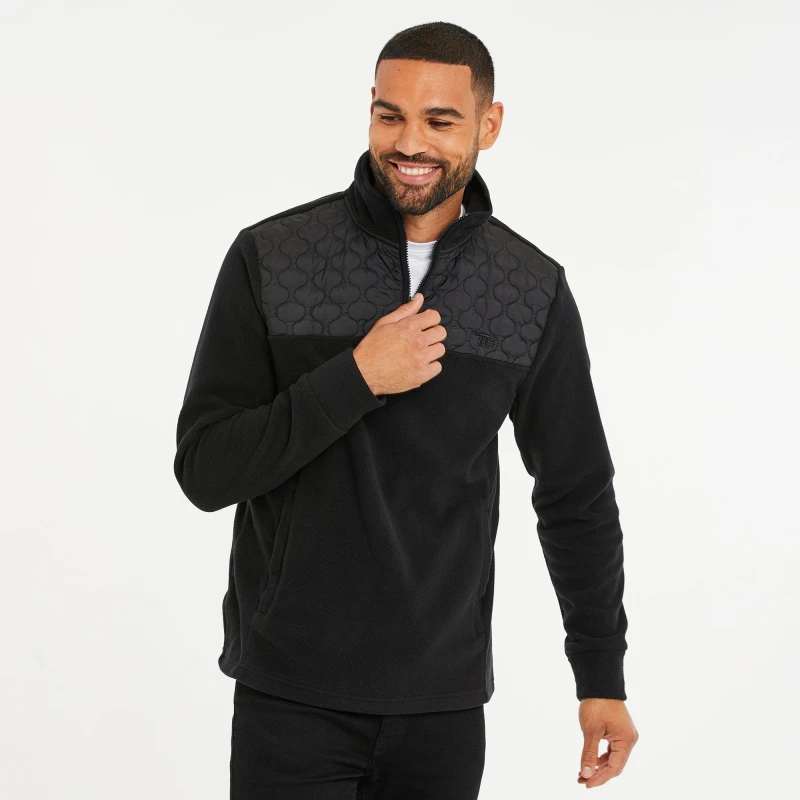 Image of Threadbare Threadbare Men 'Pedro' Quarter Zip Quilted Fleece Jumper in Black Size: Medium Black M Male 7625914166913