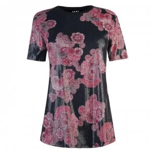 Image of DKNY Print Sequin Top - Black/Hibiscus