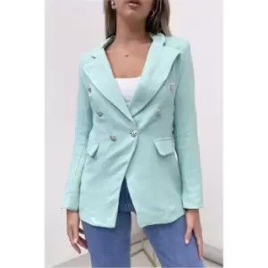 Image of I Saw It First Aqua Blue Textured Military Button Double Breasted Blazer - Blue