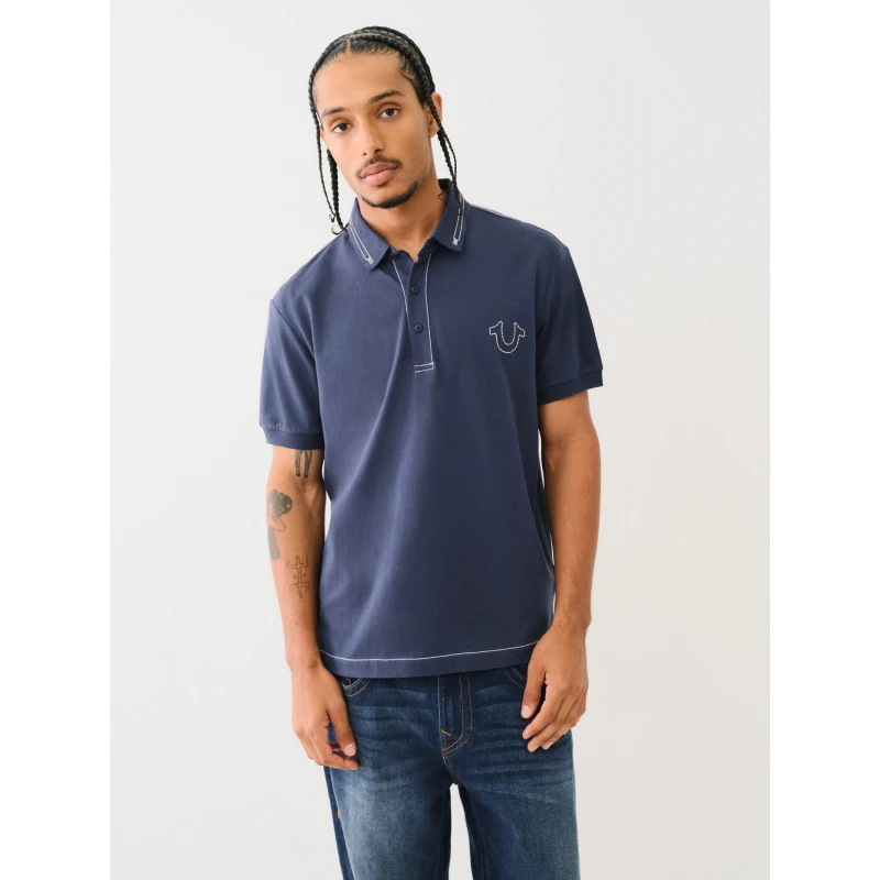 Image of True Religion Big T Embroidered Polo Shirt - Blue Blue M