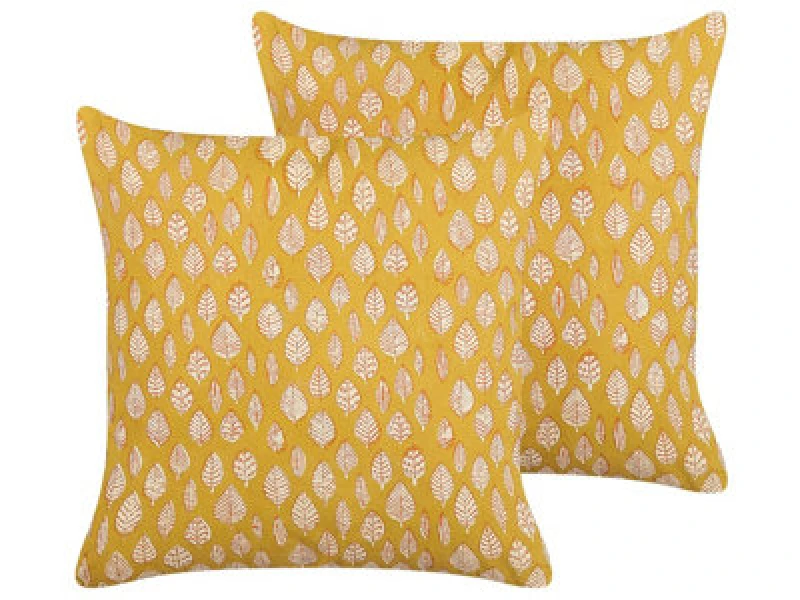 Image of Beliani Set Of 2 Decorative Cushions Ginnala Cotton 45 X 45cm Yellow Plant Pattern