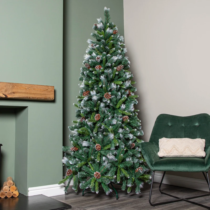 Image of Samuel Alexander 7ft (2.1m) Frosted Glacier Pine Snow Tipped Christmas Tree with Pinecones & 956 Tips in Green Green Unisex