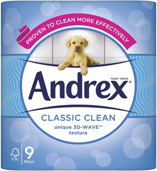 Image of Andrex Classic Clean Unique 3D Wave Texture 9 Toilet Rolls
