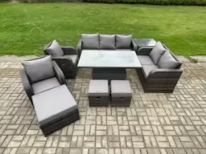 Image of Fimous 8 Seater Outdoor Dark Grey Wicker PE Rattan Garden Furniture with Adjustable Dining Table, 2 Stools and Big Footstool
