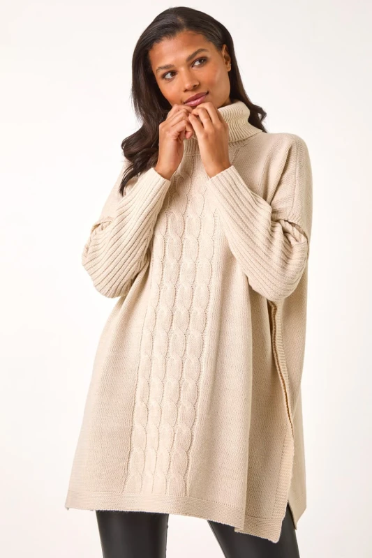 Image of Roman Womens Cable Knit Roll Neck Poncho Jumper in Beige Size: Large/XL Beige Female L/XL