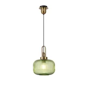 Image of Yorktown E27 Ceiling Pendant With 30cm Pumpkin Ribbed Glass, Brass Gold, Green, Matt Black