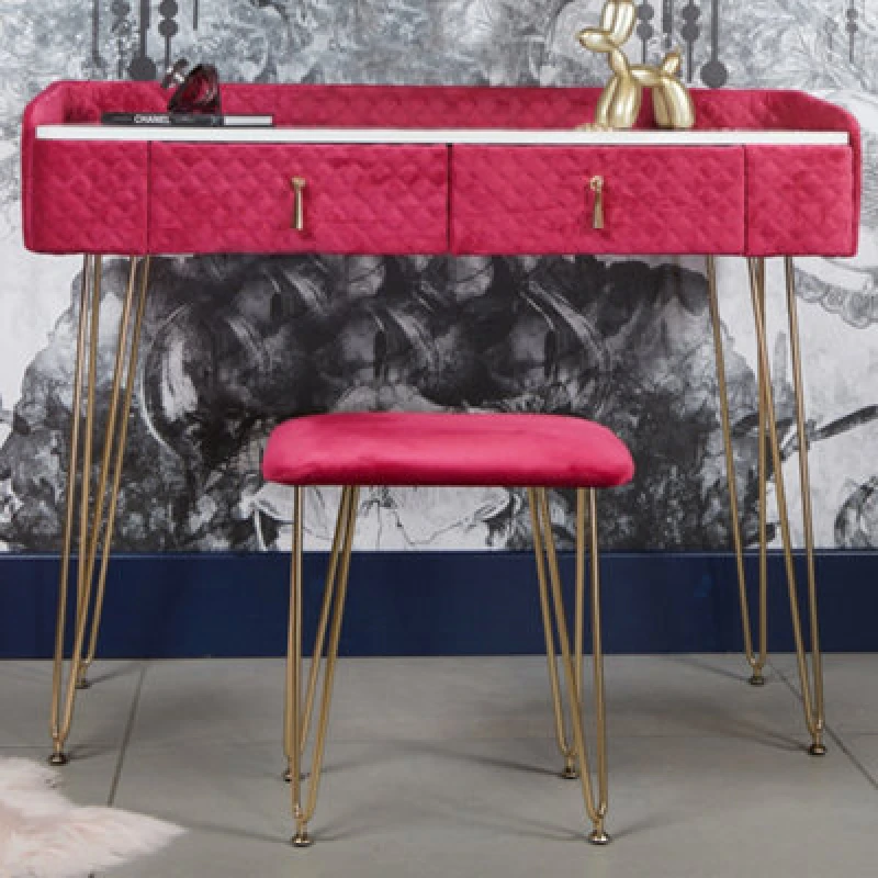Image of CARME Home Tokyo Glow Velvet Dressing Table With Velvet Stool Raspberry, Red DT044-SET2 RAPS