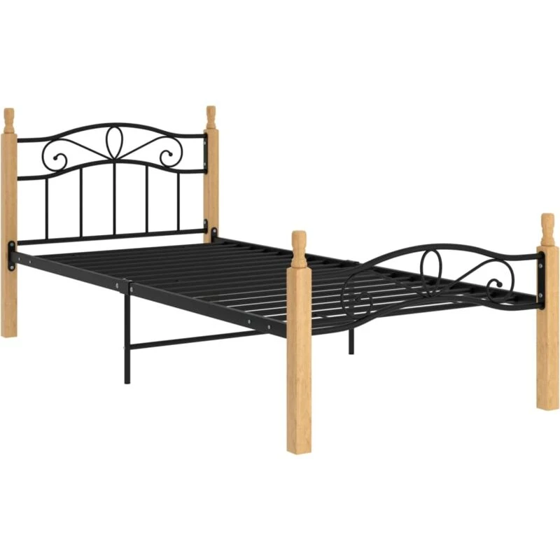 Image of MINKUROW Bed Frame without Mattress Black Metal&Solid Oak Wood 90x200cm vidaXL YX324911