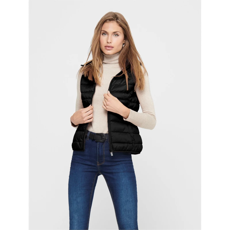 Image of Only Sleeveless Hooded Jacket with Zip and Pockets Black female