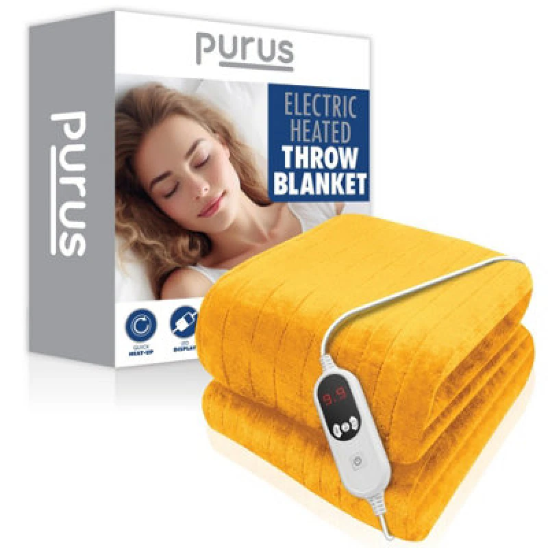 Image of Purus Deluxe Gold Xl Electric Throw Heated Double Over Electric Blanket Soft Fleece 9 Heat & 12 Timer Settings