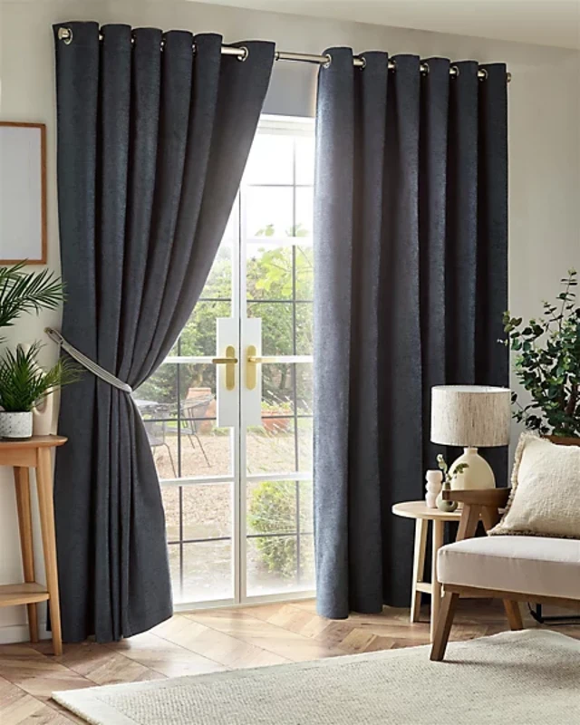 Image of Chenille Triple Woven Ready Made Eyelet Blackout Curtains Charcoal