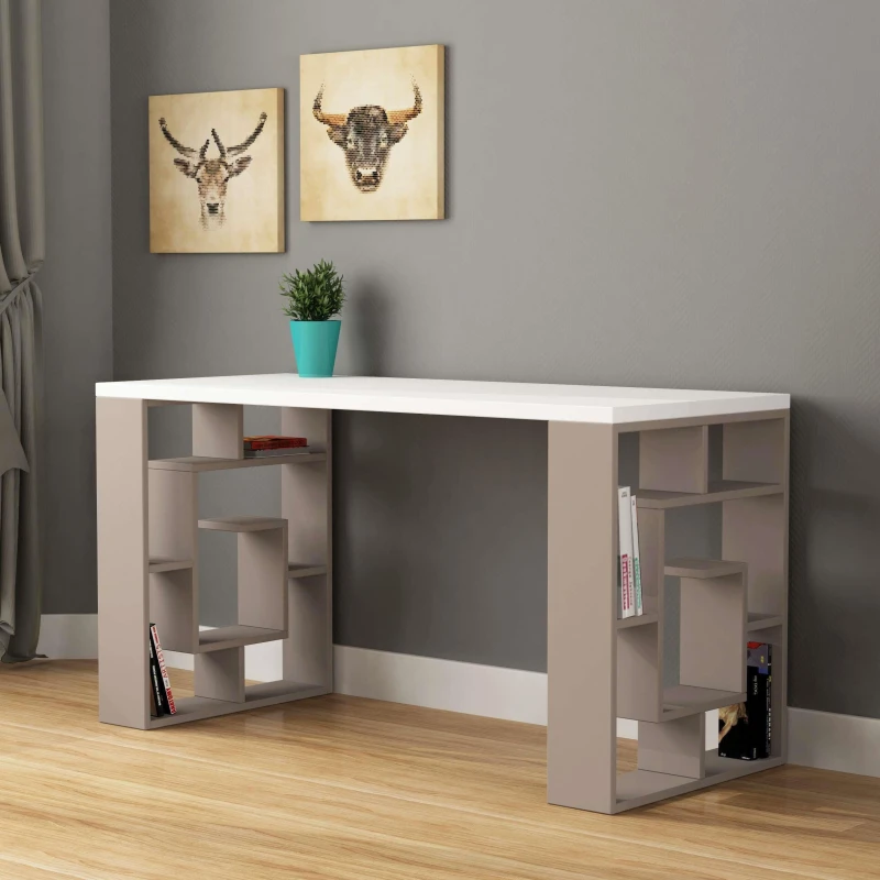 Image of DECORTIE Decortie - Labirent Modern Desk With Bookshelf Legs - White / Ancient White - White M.MS.11181.19